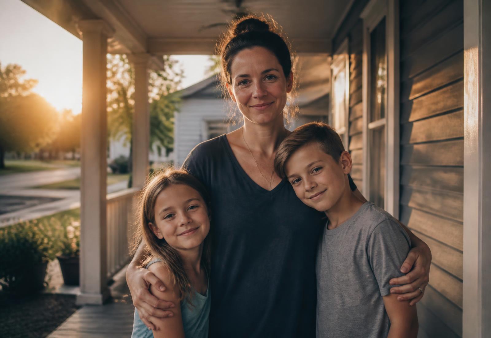 A mother and her two children standing together on the porch of their home