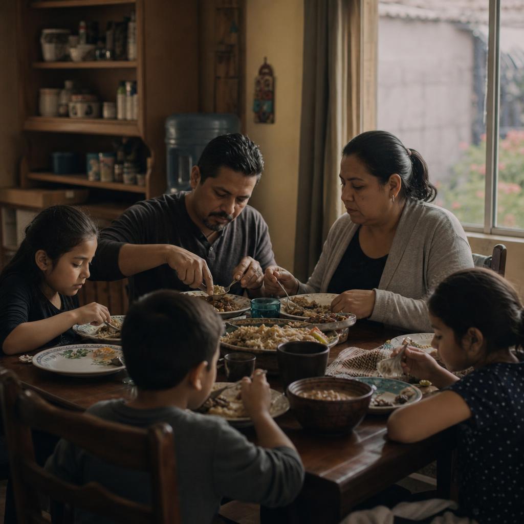 A Latino family sharing a meal together around their kitchen table