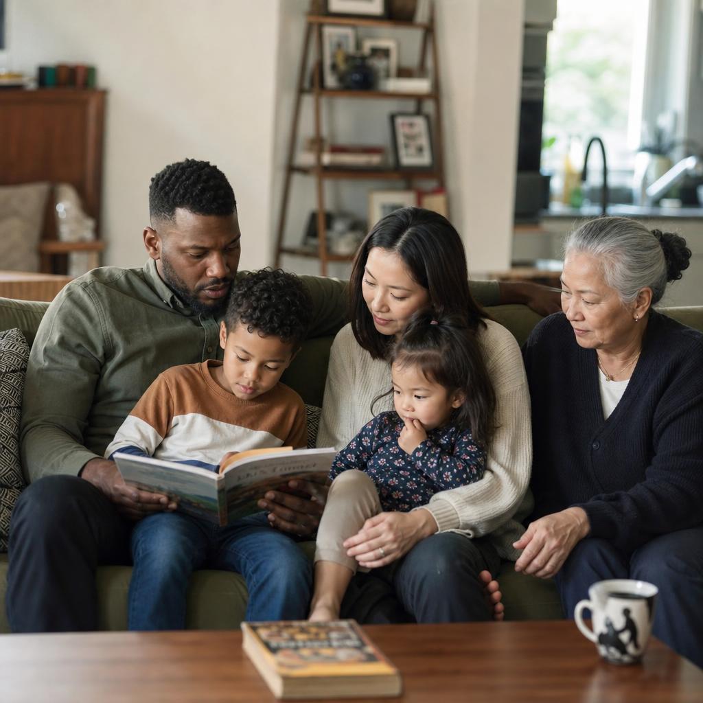 A mixed-race multigenerational family gathered in their living room